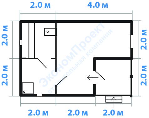 Планировка баня 6х4 из бруса с угловым крыльцом