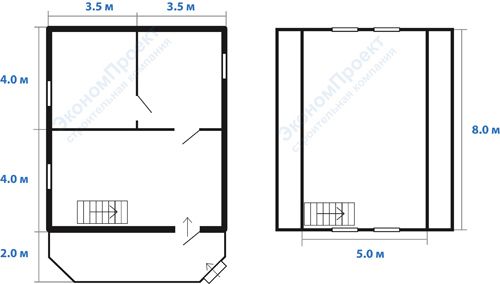 Планировка дома 8х7 с вальмовой крышей и верандой
