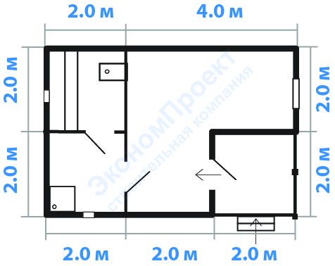 Планировка баня 6х4 с угловым крыльцом