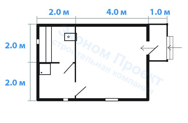 Планировка бани из бруса 6х4 с крыльцом под ключ Б-17