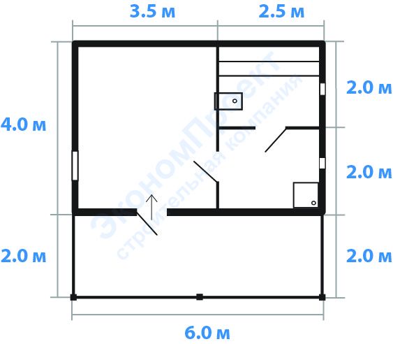 Планировка бани из бруса 6х6 с односкатной крышей и полузакрытой террасой Б-14